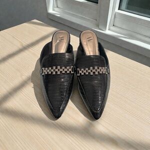 Stylish Black Croc-Embossed Mules with Checkered Detail